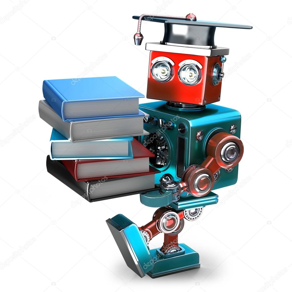 Vintage Robot with stack of books. Isolated. Contains clipping path