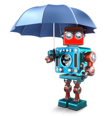 Vintage Robot şemsiye ile. İzole. Kırpma yolunu içerir