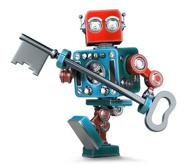 Retro robot onun elinde büyük bir antika anahtar tutan. İzole. Kırpma yolunu içerir