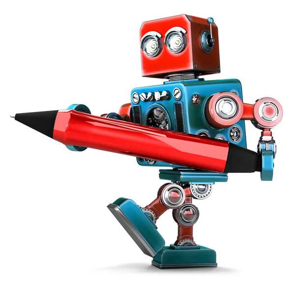 Vintage Robot escritura con pluma roja. Aislado. Contiene ruta de recorte — Foto de Stock