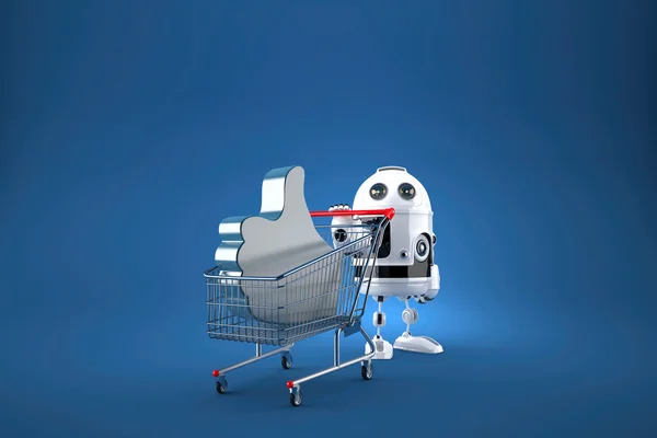 Robot con carrito de compras. Contiene ruta de recorte. ilustración 3d — Foto de Stock