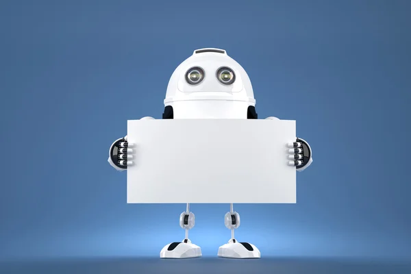 Android robot holding blank board. Contains clipping path — Stock Photo, Image