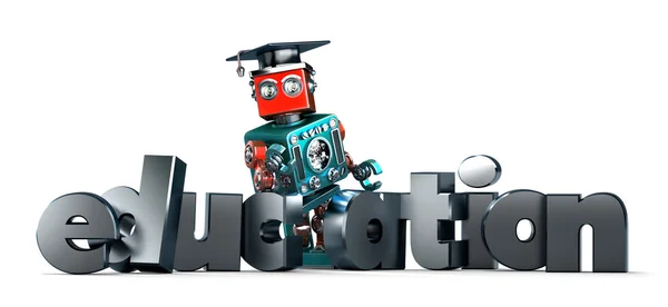 Retro robot with EDUCATION sign. Isolated. Contains clipping path — Stock Photo, Image