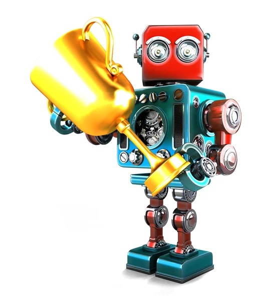 Vintage Robot bir kupa tutarak. İzole. Kırpma yolunu içerir