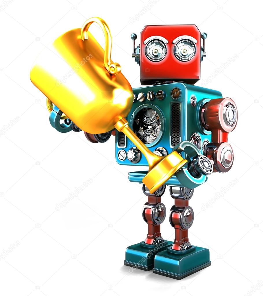 Vintage Robot holding a trophy. Isolated. Contains clipping path