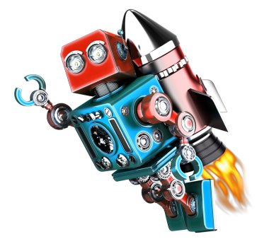 Flying retro robot. Isolated. Contains clipping path