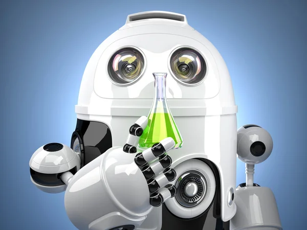 3D Robot with test glass flask — Stock Photo, Image