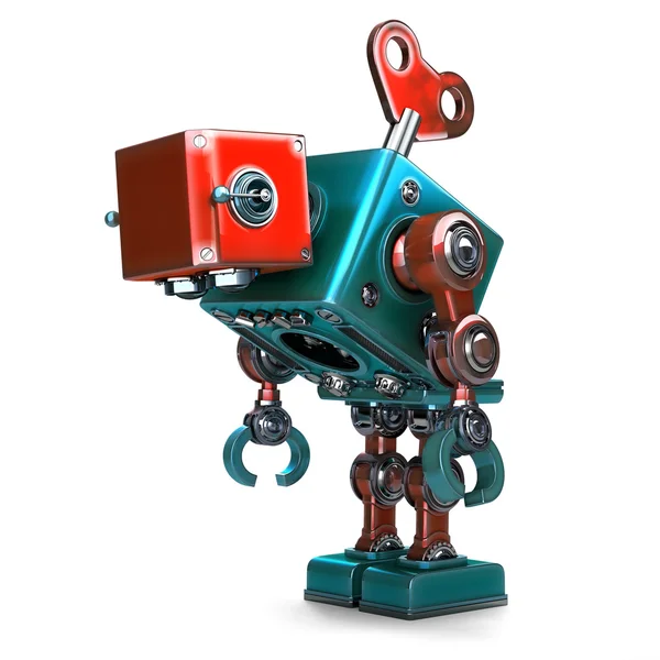 Wind-up overworked Robot with key sticking into his back. Isolated. Contains clipping path — Stock Photo, Image