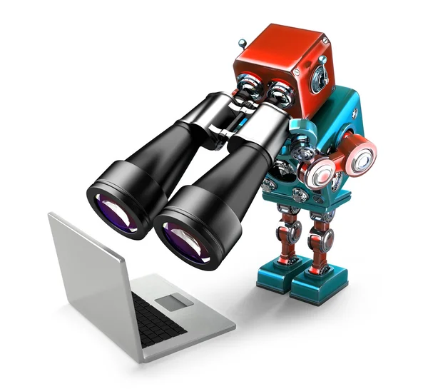 Robot holding verrekijkers en laptop kijken. Zoeken op concept. Geïsoleerd. Bevat uitknippad — Stockfoto