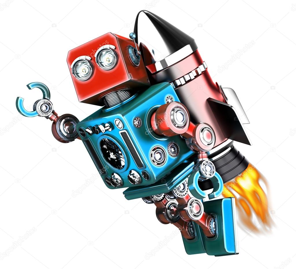 Flying retro robot. Isolated. Contains clipping path