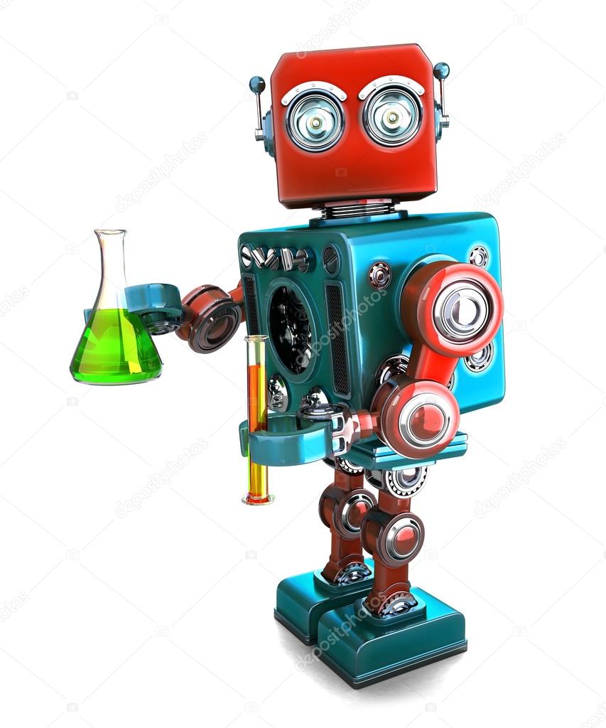 Retro robot with laboratory glassware. Isolated. Contians clipping path