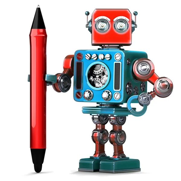 Vintage Robot with red pen. Isolated. Contains clipping path — Stock Photo, Image