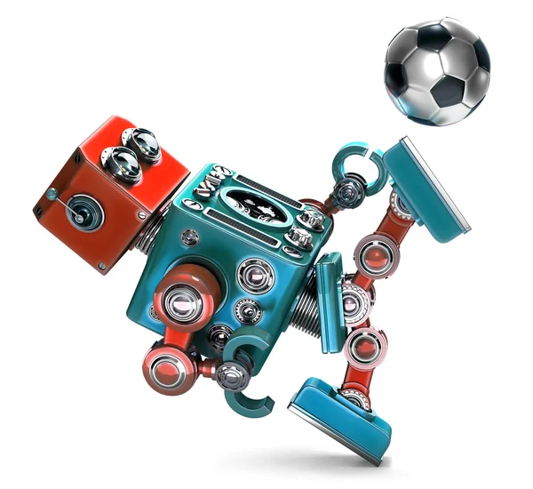 3D retro Robot grać w piłkę nożną. Na białym tle. Zawiera ścieżkę przycinającą — Zdjęcie stockowe