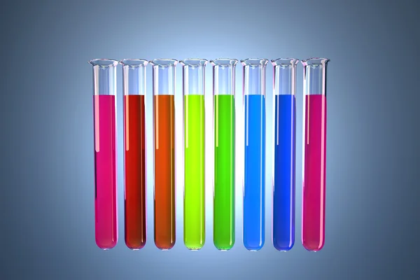 Tubos de ensaio multicoloridos. Ilustração 3D. Contém caminho de recorte — Fotografia de Stock