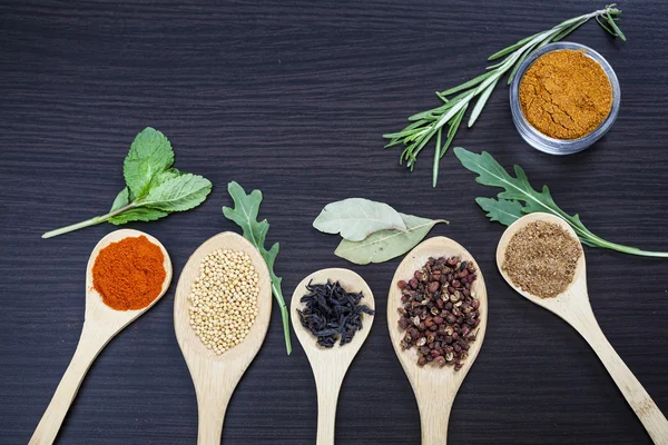 Spices on wooden spoons — Stock Photo, Image