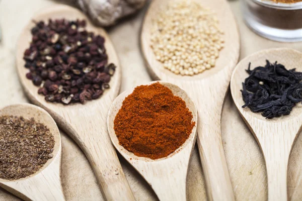 Spices on rustic wooden spoons — Stock Photo, Image