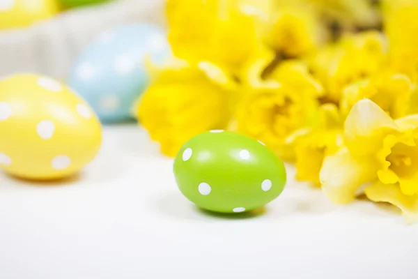 Pasen achtergrondkleur uit beschilderde eieren en gele bloemen — Stockfoto