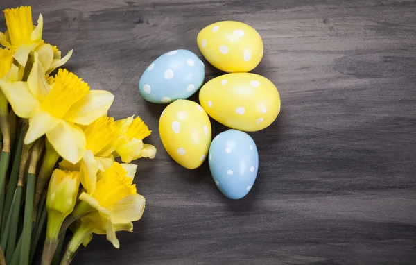 Colorful Easter eggs and spring daffodils on paper background — Stock Photo, Image