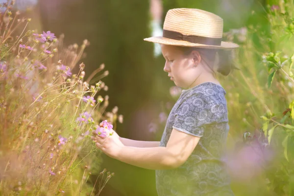 Liten Kaukasiska Flicka Kosmos Blomma Trädgård — Stockfoto