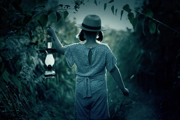 Little Girl Holding Lantern Walking Dark Forest Halloween Concept — Stock Photo, Image