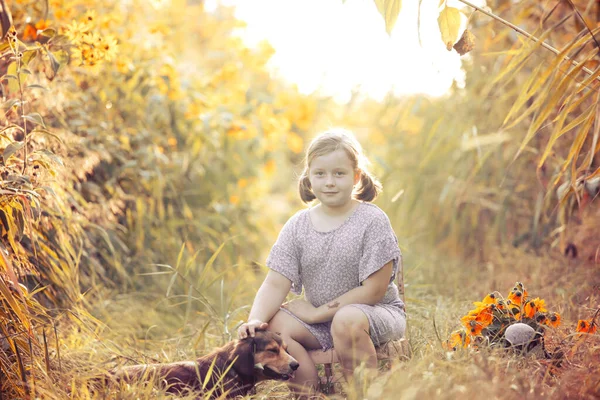 Malá Rozkošná Dívka Sedí Barevné Květinové Zahradě Těší Podzimní Slunce — Stock fotografie