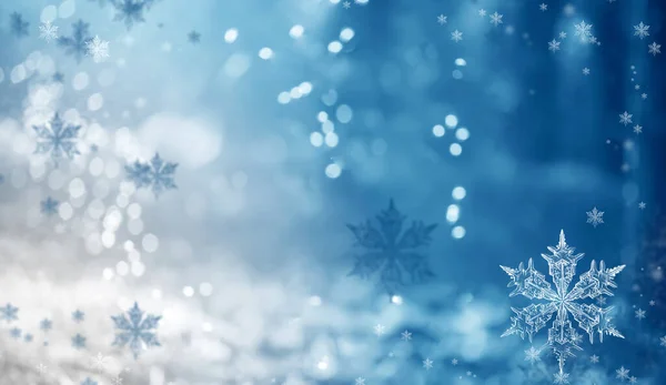 Magische Vakantie Blauwe Achtergrond Met Sneeuwvlokken Wazig Bokeh Van Kerstverlichting — Stockfoto