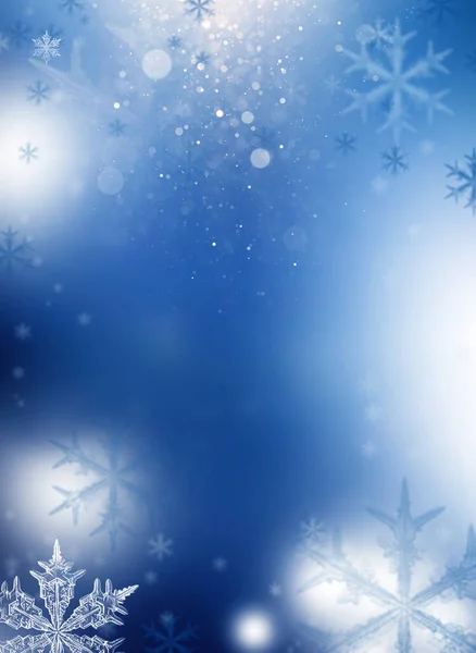 Varázslatos Ünnep Kék Háttér Hópelyhek Karácsonyi Fények Homályos Bokeh — Stock Fotó