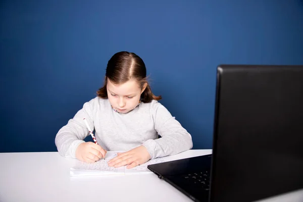 Fernunterricht Online Ausbildung Schulmädchen Schaut Sich Online Bildungskurse Und Macht — Stockfoto