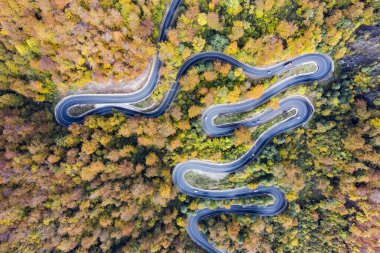 Sonbaharda insansız hava aracından manzaralı kıvrımlı bir yol göründü