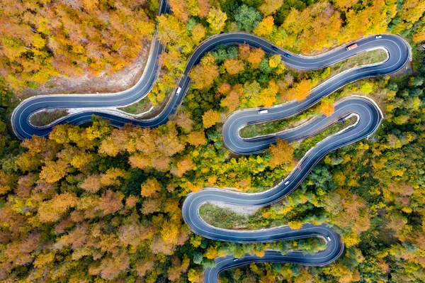 Scenic curvy road seen from a drone in autumn