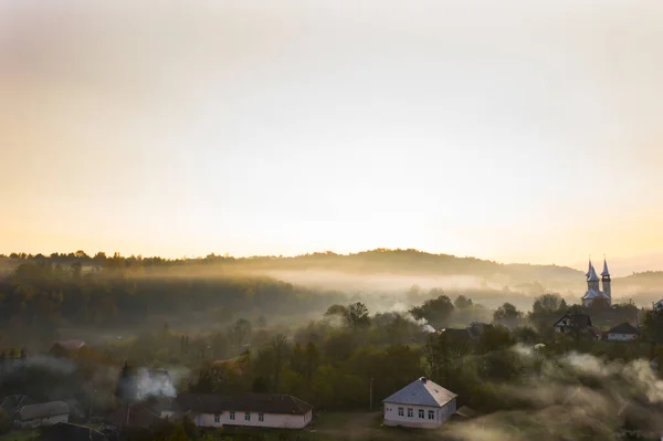 Aerial View Village Fog Golden Sunbeams Sunrise Autumn Beautiful Rural — Stock Photo, Image