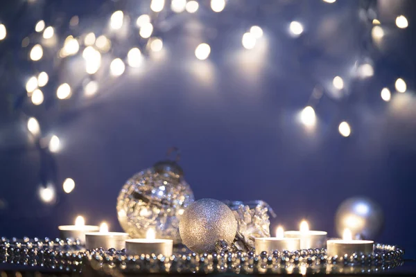 Palle Natale Argento Sfondo Vacanza Scintillante Magiche Luci Natalizie Buon — Foto Stock