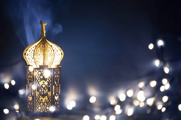 Ornamental Arabic Lantern Burning Candle Glowing Night Glittering Golden Bokeh — Stock Photo, Image