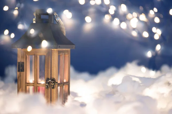 Lanterna Natal Neve Com Ramo Abeto Decorações Natal Cena Noite — Fotografia de Stock