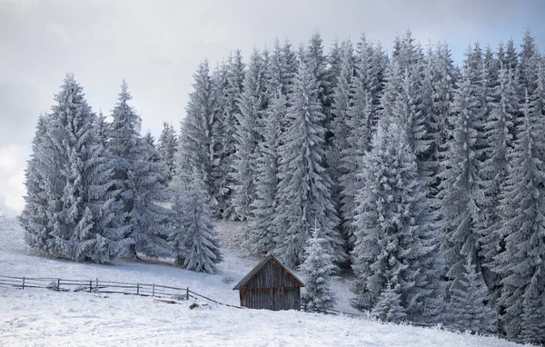 Fantástico Paisaje Invernal Con Casa Madera Montañas Nevadas Vacaciones Navidad — Foto de Stock