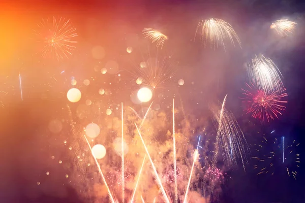 Holiday Celebration Anniversary Concept Colorful Bright Fireworks Dark Sky Night — 스톡 사진