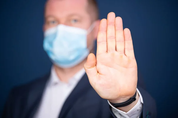 Businessman Wearing Medical Mask Showing Stop Sign Hand — Stock Photo, Image