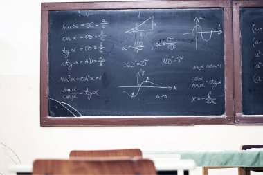 Sandalyeleri, masaları ve tahtası olan boş bir sınıf.