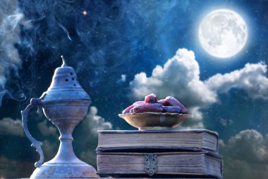 Müslümanların kutsal ayı Ramazan Kareem 'e tarihi, Quaran' ı ve merkezini gösteren tebrik kartı.