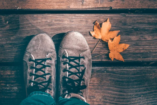 Herbst Hintergrund Der Frau Schuhe Über Holz Hintergrund Mit Herbstblättern — Stockfoto