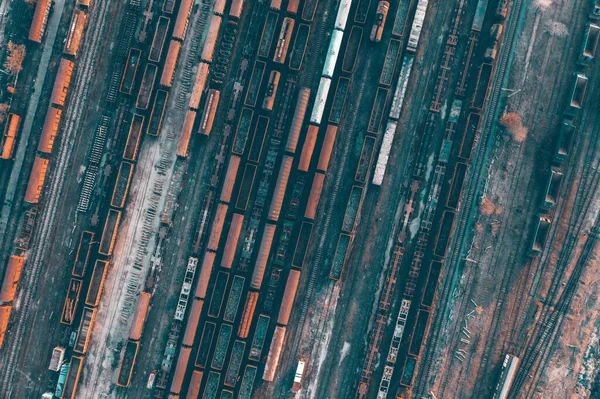 Вид Воздуха Различные Железнодорожные Вагоны Грузами Железнодорожном Вокзале Вид Сверху — стоковое фото