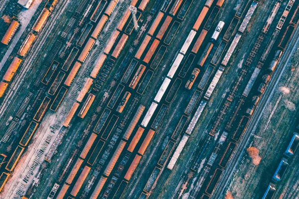 Vista Aérea Vários Trens Transporte Ferroviário Com Mercadorias Estação Ferroviária — Fotografia de Stock