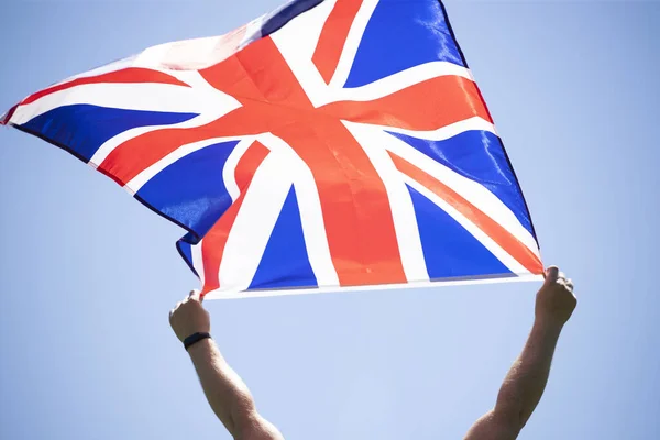 Człowiek Flagą Wielkiej Brytanii Patriota Zwolennik Wielkiej Brytanii — Zdjęcie stockowe