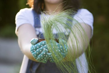 Kadın bahçıvan bahçede çiçek tutarken gülümsüyor..