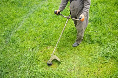 Çim biçme makinesiyle çimleri biçmek. Bahçe işleri konsepti.