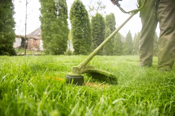 Mowing Grass Lawn Mower Garden Work Concept Background — Stock Photo, Image