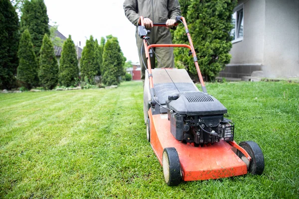 Klipper Gräset Med Gräsklippare Trädgårdsarbete Bakgrund — Stockfoto