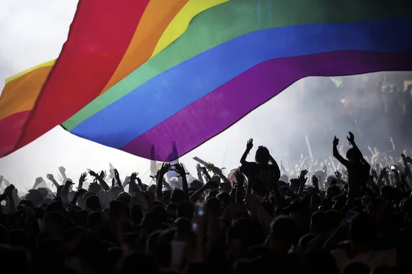 Pride Community Parade Hands Raised Lgbt Flag Symbol Love Tolerance — Stock Photo, Image