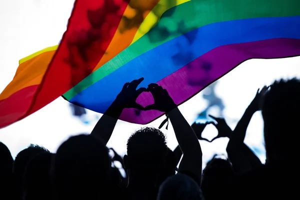 高举双手 高举男女同性恋 双性恋和变性者旗帜的游行中的骄傲社群 爱与宽容的象征 — 图库照片