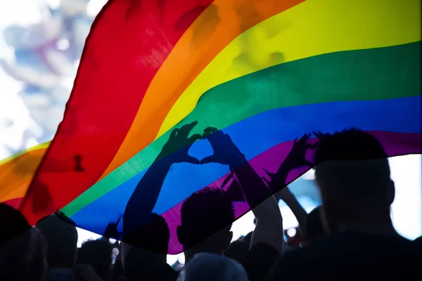 Comunidad Del Orgullo Desfile Con Las Manos Levantadas Bandera Lgbt — Foto de Stock